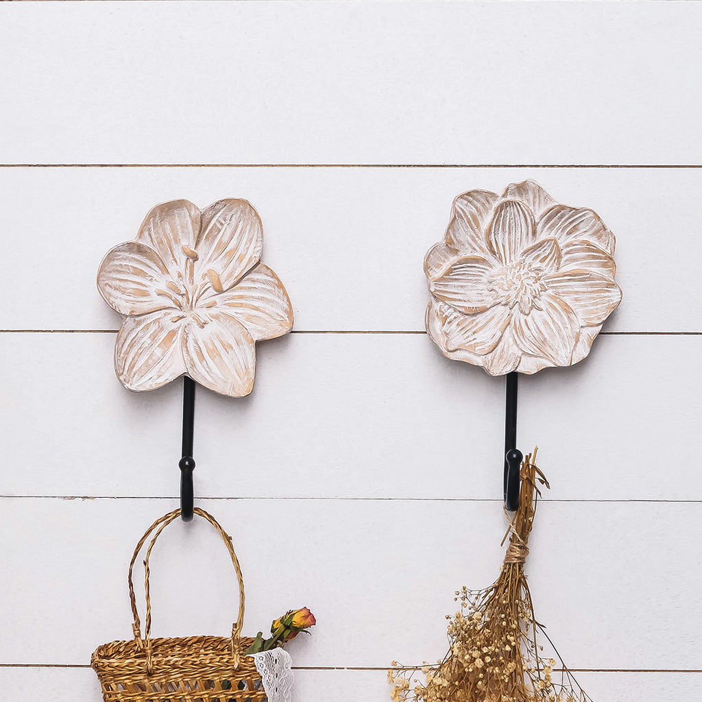 Carved Flower Shaped Wall Hooks, Set of 2