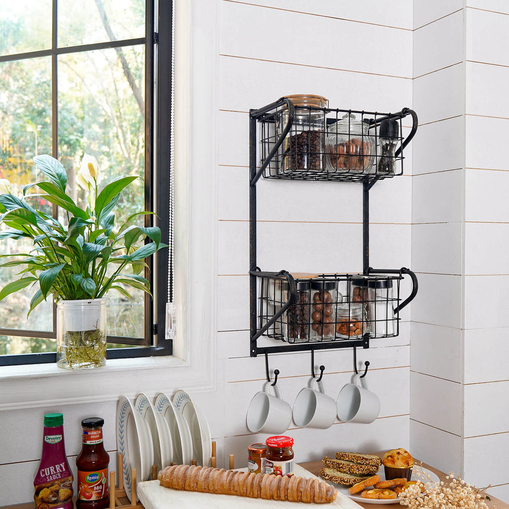 Original Barn丨2 Tier Wire Wall Basket with 3 Hooks
