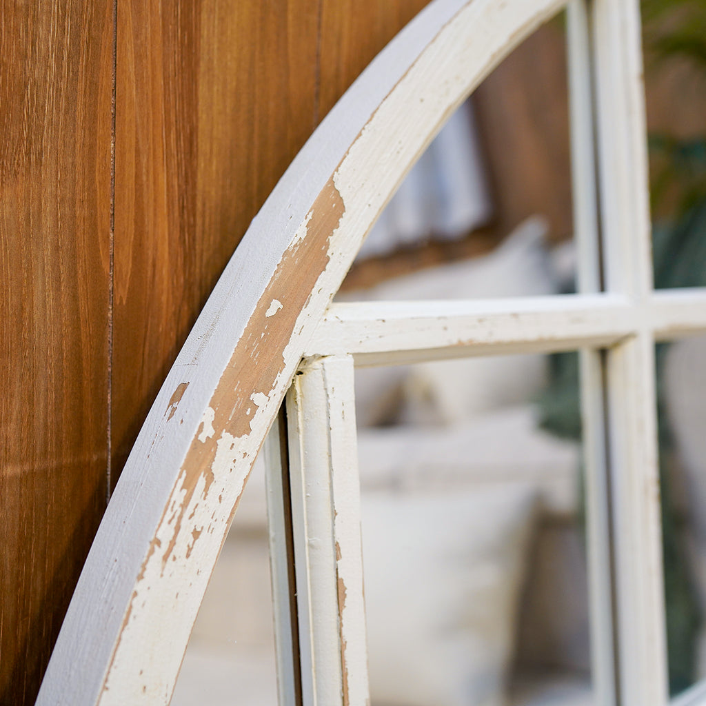 White Distressed Arched Wooden Mirror